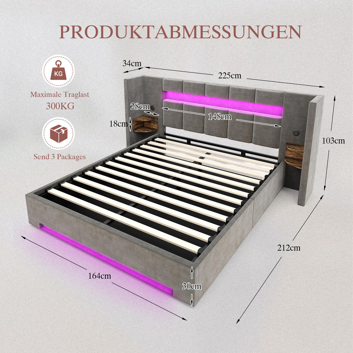 POLSTERBETT 160/200 cm in Dunkelgrau Samt mit USB, LED, Bettkasten und Stauraumschränken - Dunkelgrau, Holzwerkstoff/Textil (160/200cm) - WISHDOR