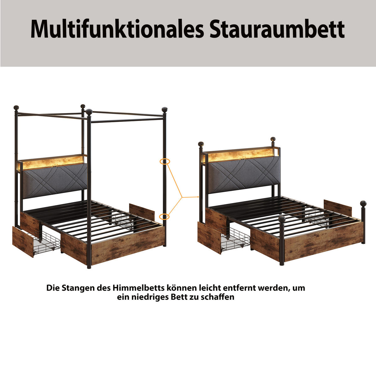 EISENBETT 90x190 cm Stauraum Schubladen LED USB Typ-C - Schwarz, Metall - FLIEKS