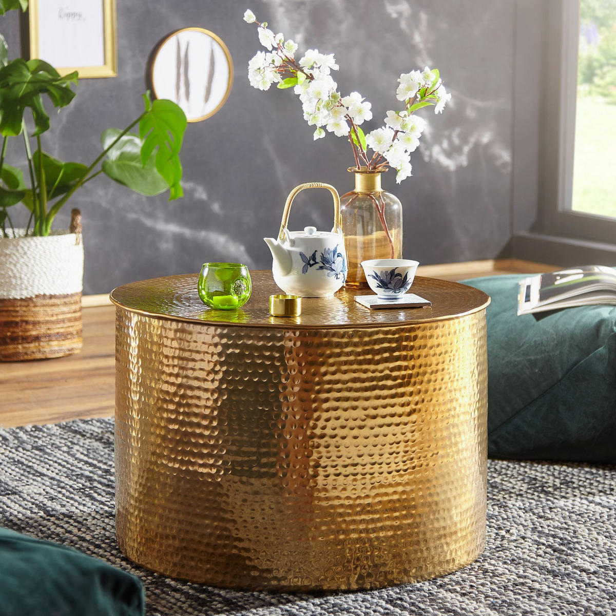 COUCHTISCH Orientstil Hammerschlag-Aluminium, Gold 61x61x40 cm - Goldfarben, Metall (61/61/40cm) - KADIMA DESIGN