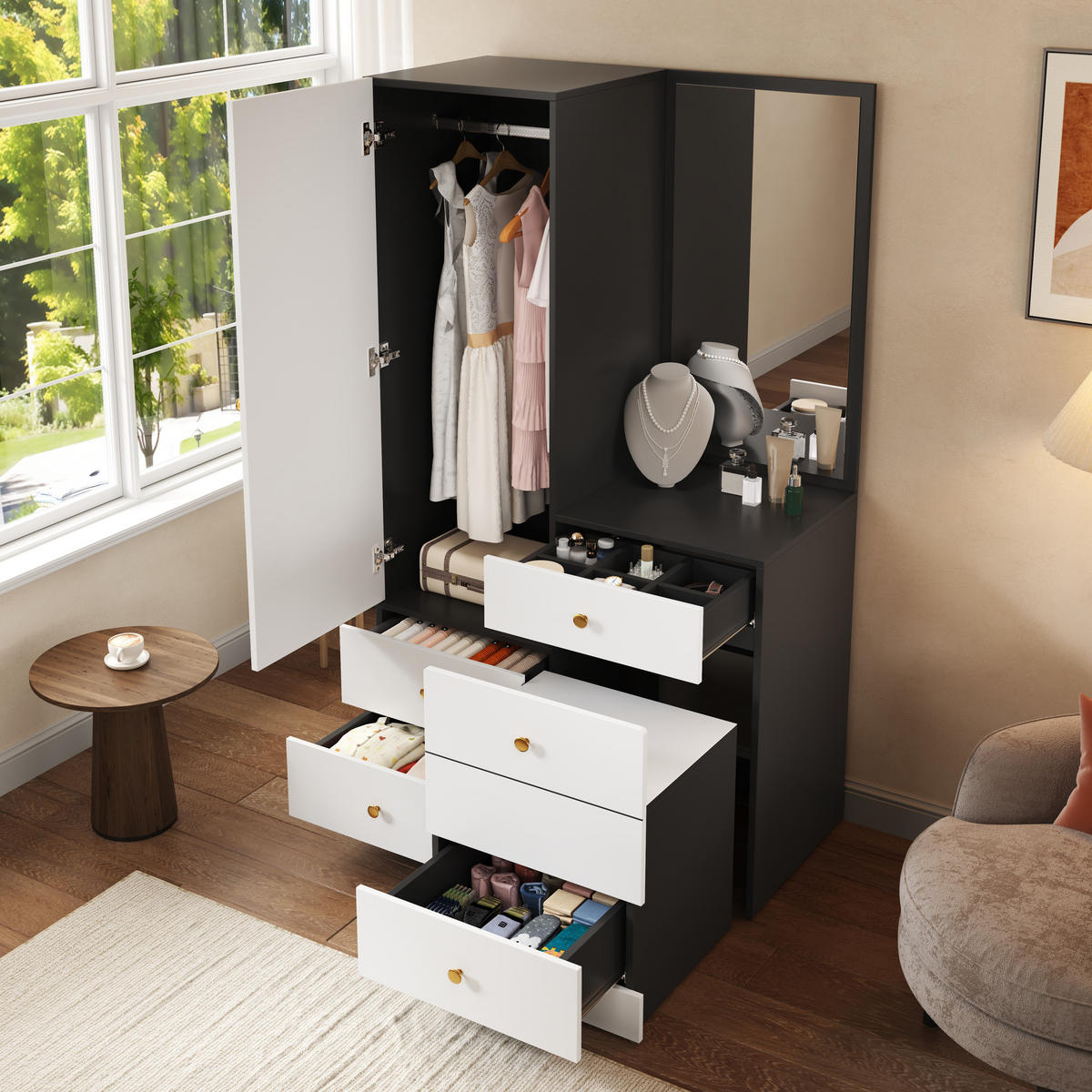 SCHMINKSCHRANK Spiegel Hocker Schubladen MDF Schlafzimmer 170cm - Multicolor, Holzwerkstoff (90/160/50.5cm) - FLIEKS