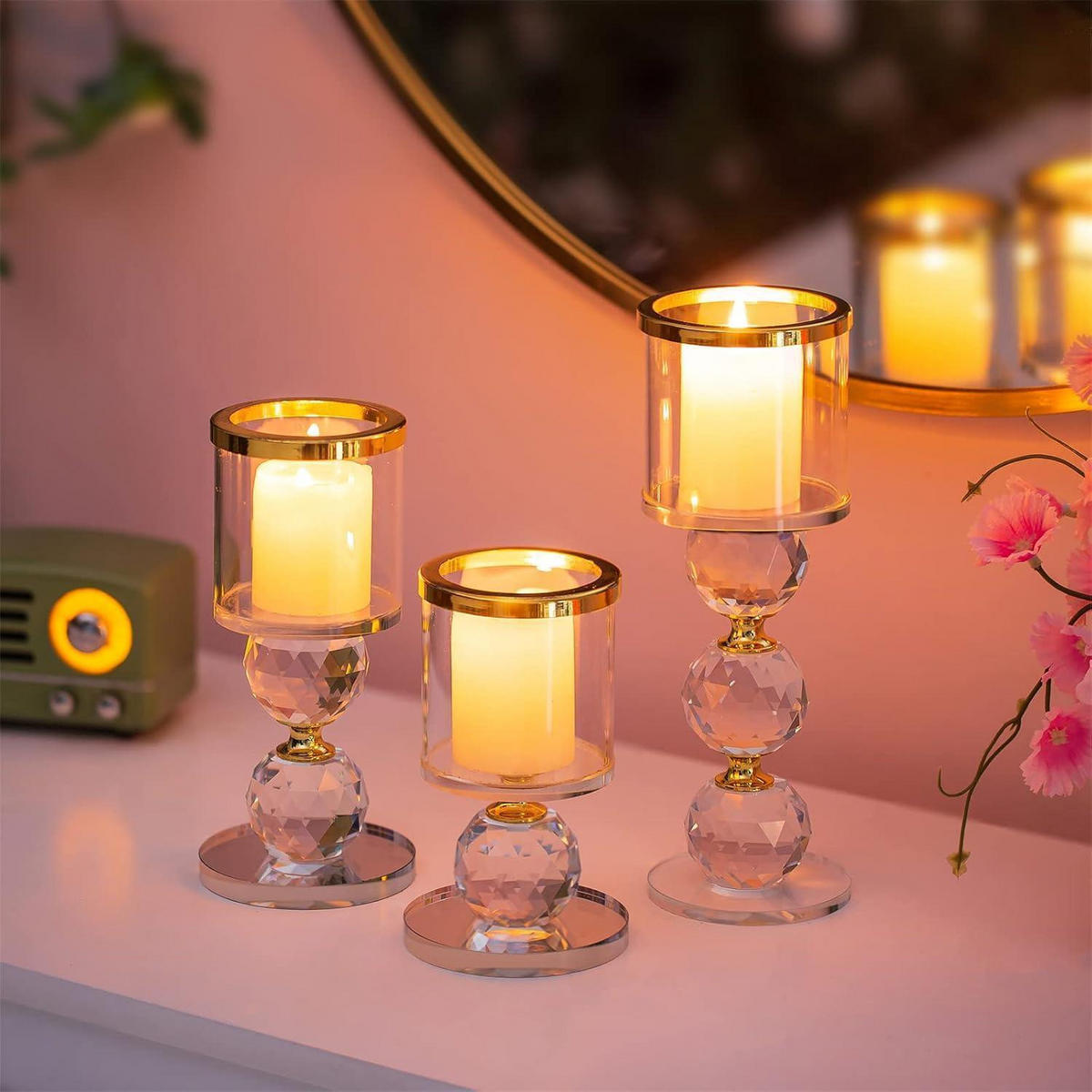 KERZENSTÄNDER 3-teiliges Set Kristall Gold - Goldfarben, Glas (7/19.5/7cm)