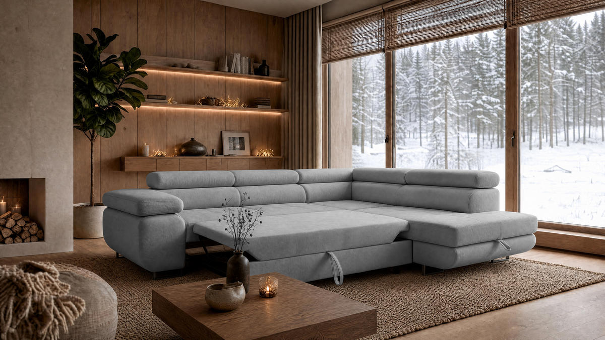 ECKSOFA Velmo mit Bettkasten und Schlaffunktion, verstellbaren Kopfstützen, in L-Form - Hellgrau, Textil (275/203cm)