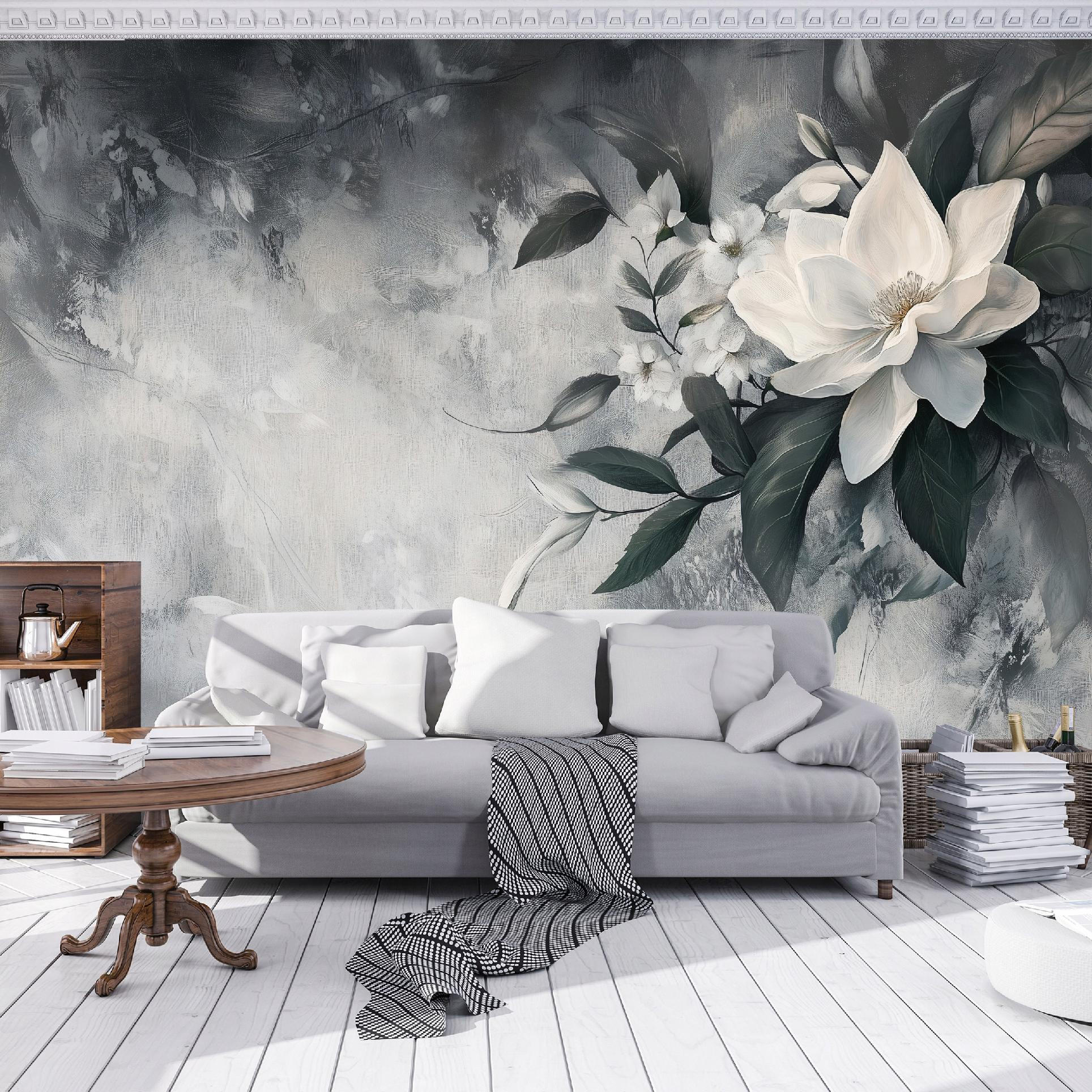 FOTOTAPETE Blätter Blumen Vlies Tapete Wohnzimmer Schlafzimmer 150x105 - Grau, Papier (150/105cm) - Wallarena