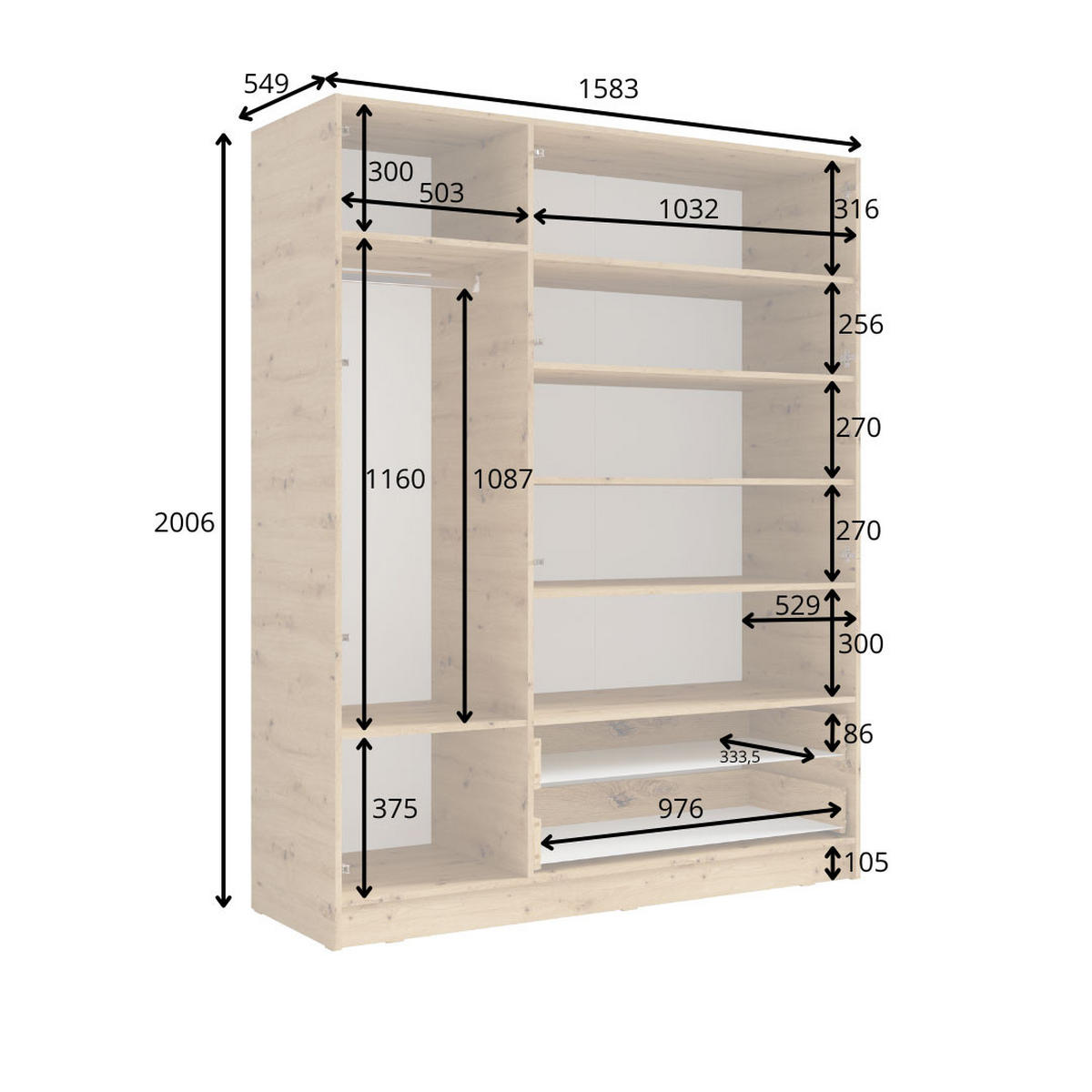 KLEIDERSCHRANK Turin Eiche Artisan 158 / 54 / 200cm - Eichefarben/Eiche Artisan, Holzwerkstoff/Kunststoff (158/200/54cm) - Feldmann-Wohnen
