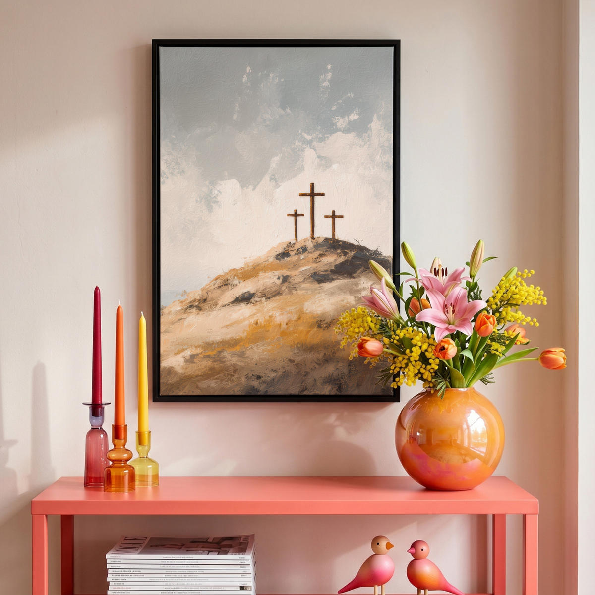 LEINWAND Bilder mit Rahmen - Hügel - Abstrakt - Christentum - Kreuz - 40x60 - Hellgrau, Textil (40/60cm) - MuchoWow