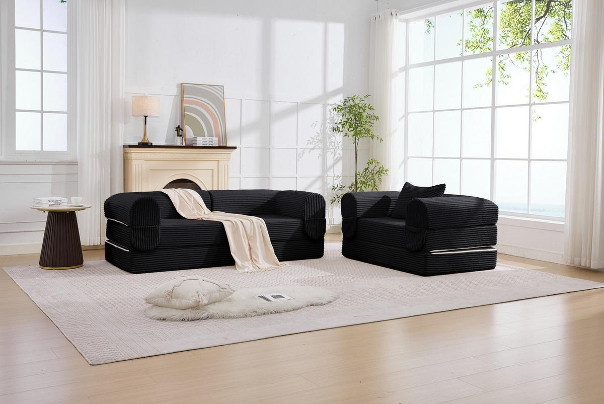 SOFA-SET modular 1-Sitzer + 2-Sitzer Cord Schwarz - Schwarz, Kunststoff (78/65/190cm) - Meubliv