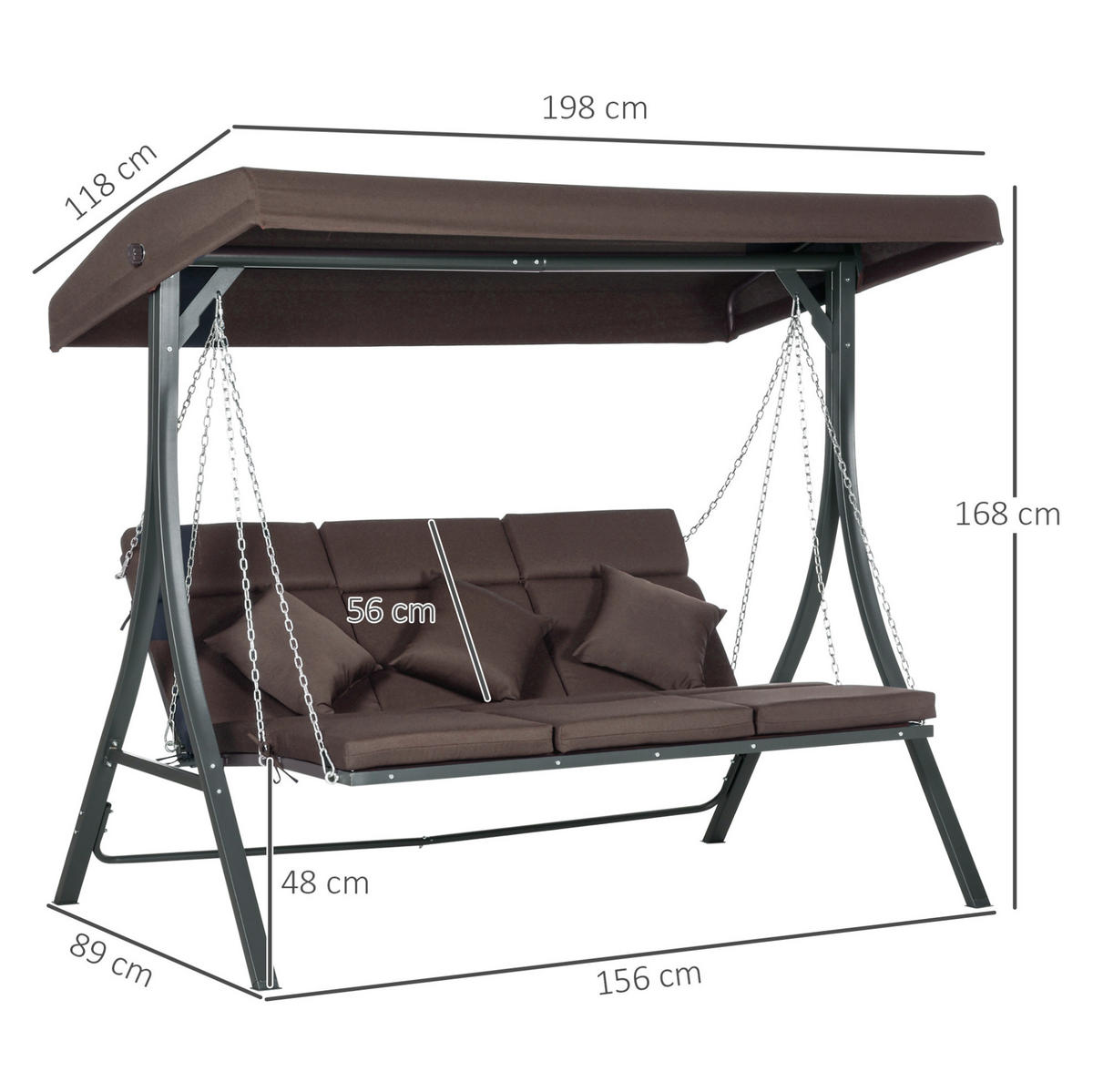 HOLLYWOODSCHAUKEL aus Eisen 118x198x168cm in Braun mit Sonnendach & Kissen - Braun, Metall (118/168/198cm) - Modfu