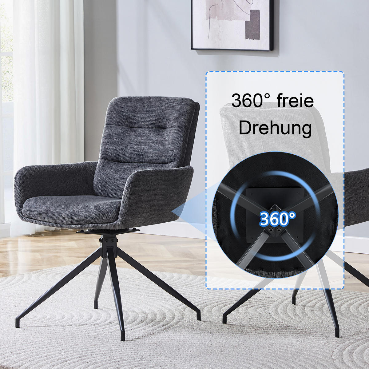 ESSZIMMERSTUHL 2er set stoff leinenoptik gepolstert drehbar metallgestell - Dunkelgrau, Textil (55/85/50cm) - Urban Meuble