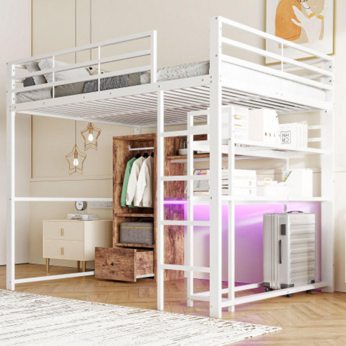 HOCHBETT 140 × 200 cm aus Metall und MDF mit Schreibtisch, Stauraumschublade und 16-Farben-LED-Leiste, weiß - Weiß, Holzwerkstoff - Luhomfu