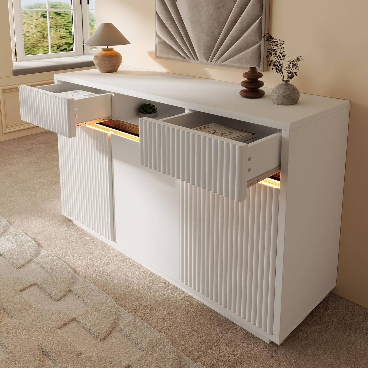 SIDEBOARD 140/40/85 cm in Weiß mit LED, 2 Schubladen und 3 Türen - Weiß, Holz (140/85/40cm) - BEAOK