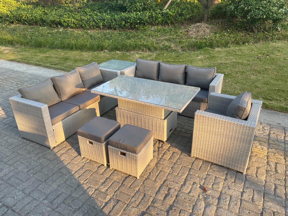 GARTENSOFA SET mit höhenverstellbarer Tisch Polyrattan Helles Grau 9-Sitzer - Hellgrau, Metall - Fimous