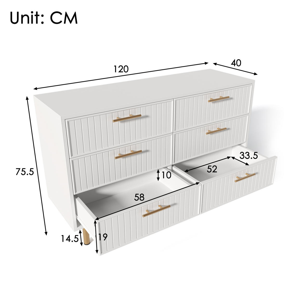 SCHUBLADENKOMMODE 120/40/75 cm mit 6 Schubladen und goldfarbenen Griffen - Weiß, Holzwerkstoff (120/40/75cm) - BEAOK