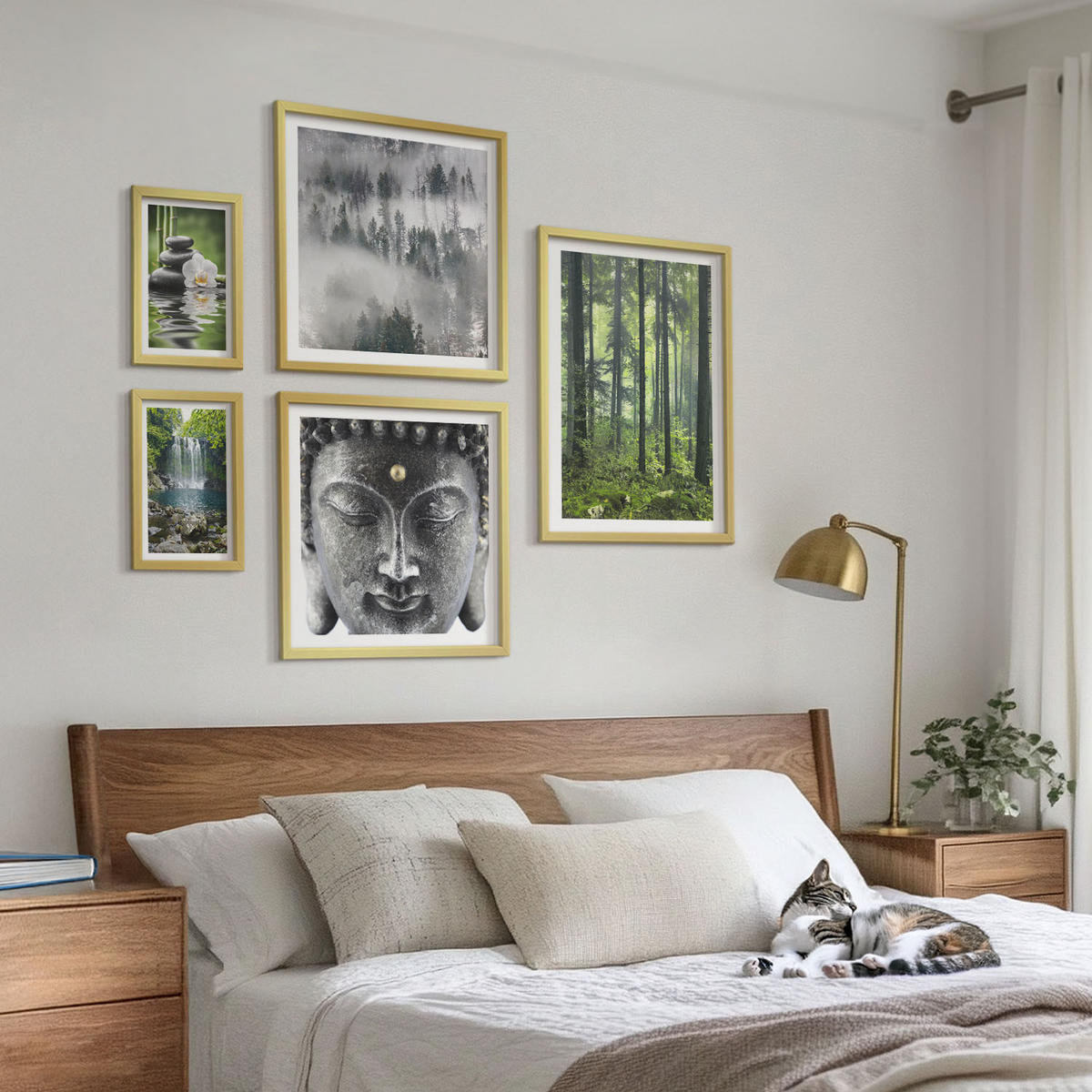 WANDBILDER 5er Set - 50x50 cm & 20x30 cm & 40x60 cm Goldrahmen - Harmonie der Natur, Steine, Wasser, Buddha - Goldfarben, Kunststoff (40/60cm) - ArtPrintCave