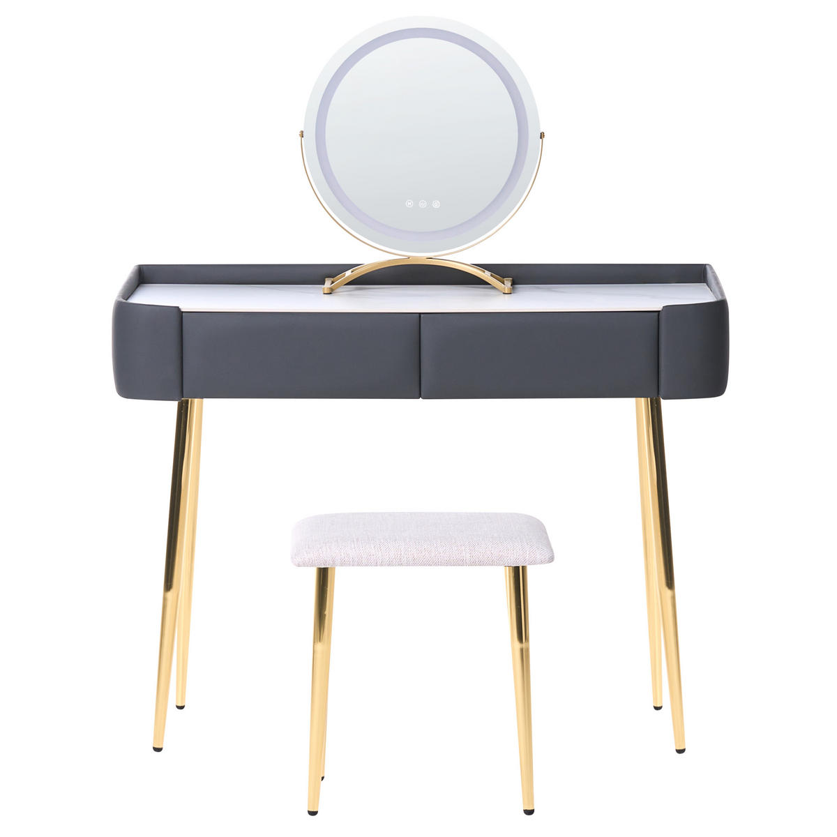 SCHMINKTISCH mit rundem LED-Spiegel Hocker 2 Schubladen grau/gold Surin - Goldfarben/Weiß, Holzwerkstoff (100/133/41cm) - Beliani