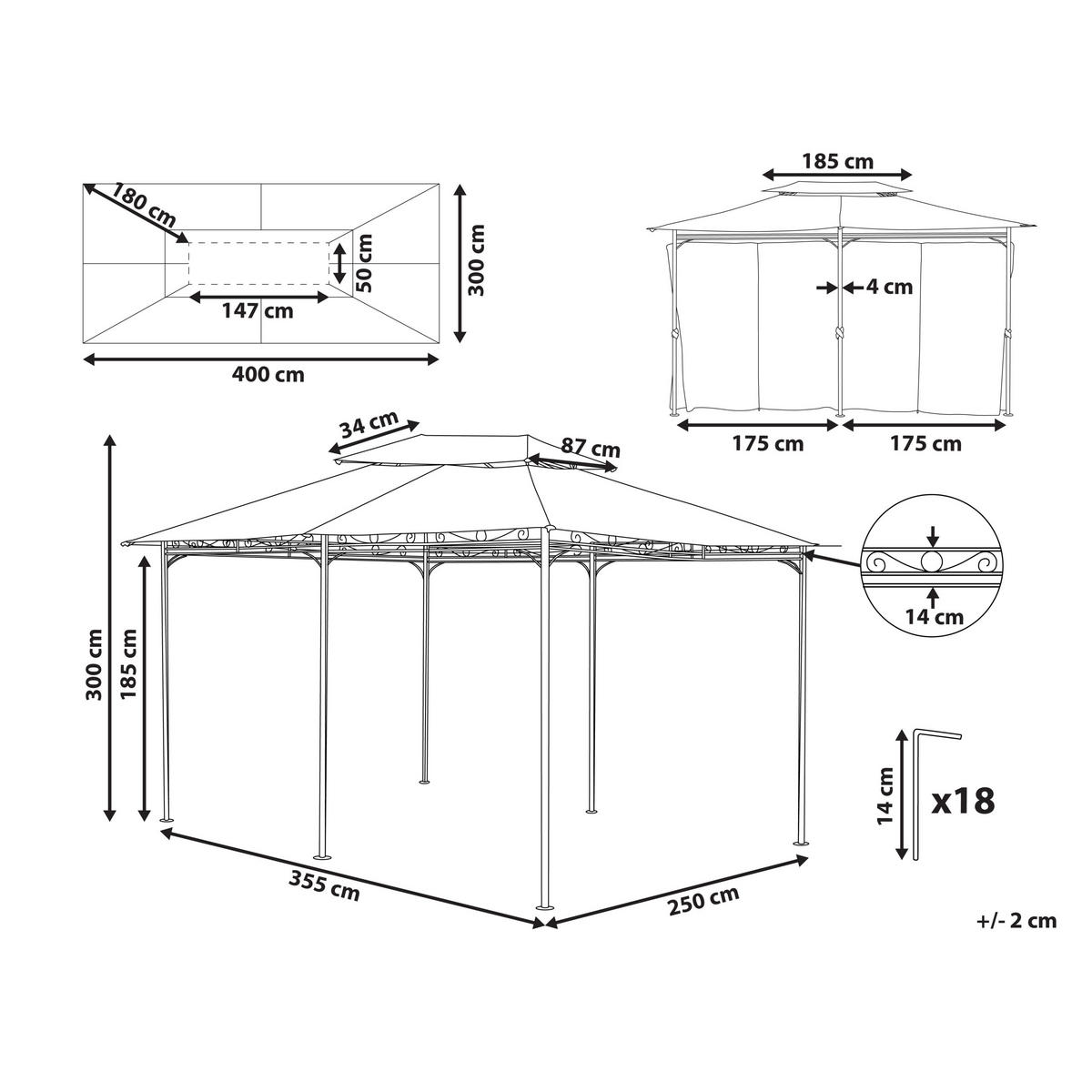 ZAHRADNÍ PAVILON Ocel grafitově šedý 300/400 cm Colos - šedá/černá, kov (400/300/300cm) - Beliani