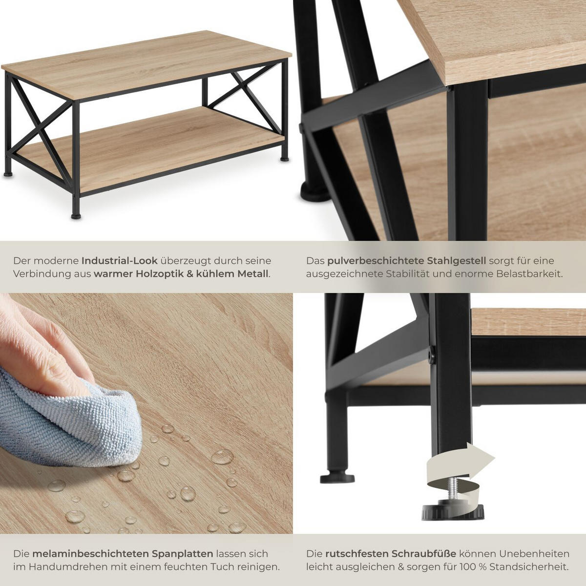 COUCHTISCH Pittsburgh,100 x 55 x 45,5 cm,Industrial Holz hell, Eiche Sonoma - Naturfarben, Holzwerkstoff (100/55/45.5cm) - tectake