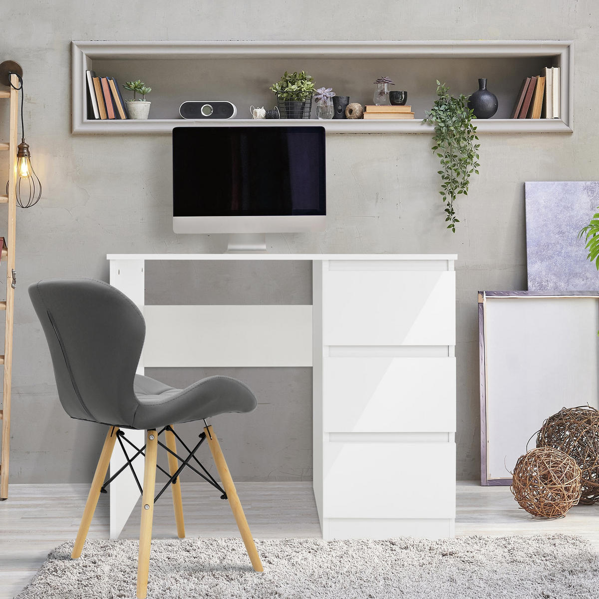 SCHREIBTISCH mit Unterschrank - Weiß Hochglanz, Holzwerkstoff (90/50/76cm) - ML-DESIGN