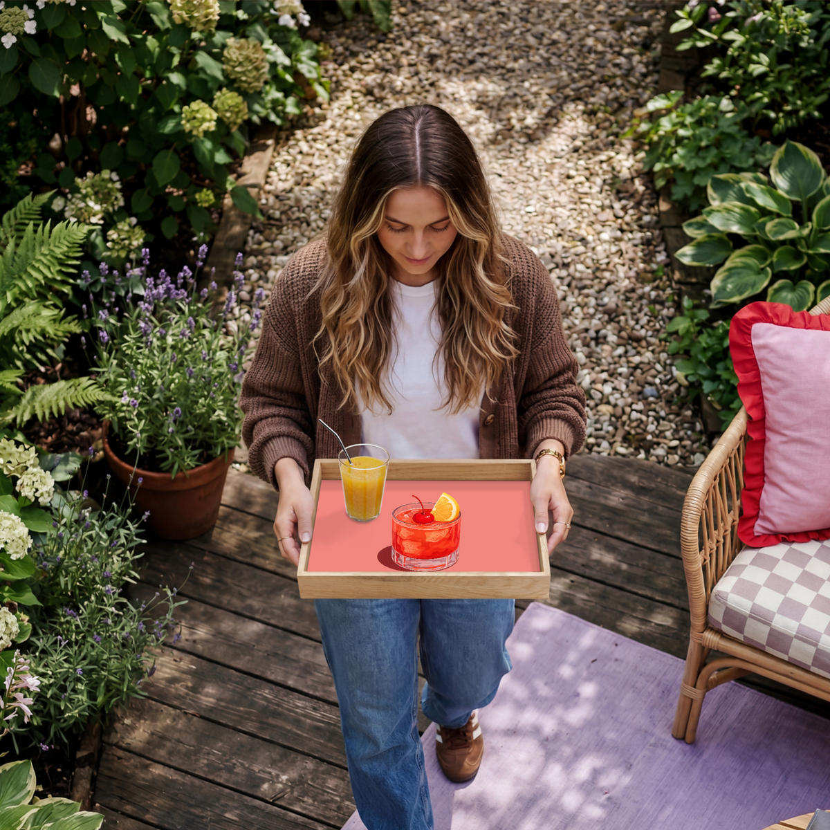 SERVÍROVACÍ PODNOS Sklenice - Kostky ledu - Citron - Třešeň 40x30 cm - růžová, dřevo (40/5/5cm) - OnlyWow