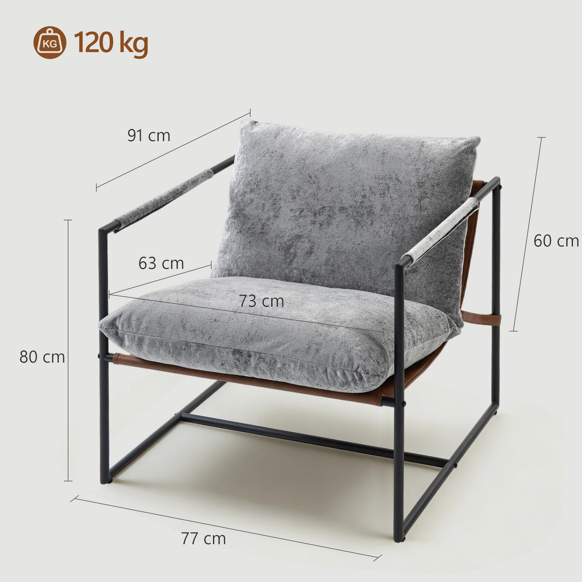 SESSEL DE-13325 breite Sitzfläche & bedruckter Velours Grau - Hellgrau, Metall (77/80/91cm) - ComfortXL