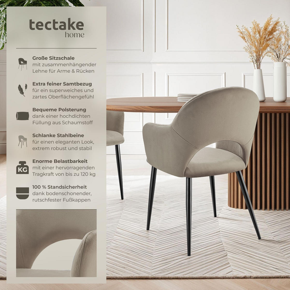 ARMLEHNSTUHL 6er Set Sachel 57 x 61 5 x 87 5 cm taupe - Taupe, Kunststoff (57/87.5/61.5cm) - tectake