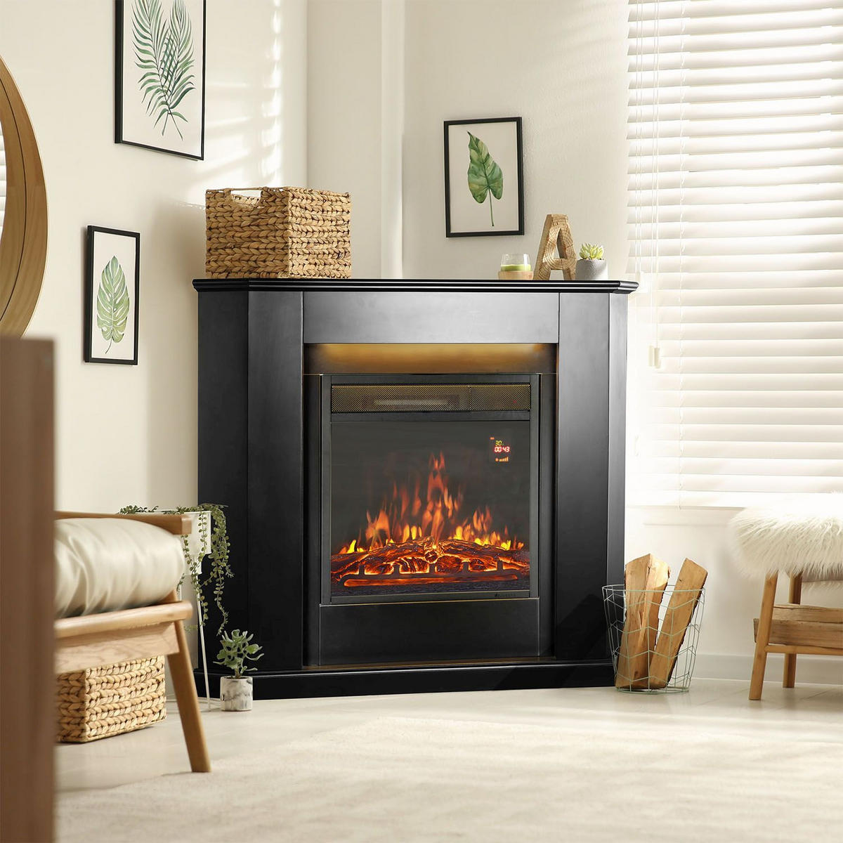 ELEKTROKAMIN 2000W dreieckig schwarz mit Flammeneffekt - Schwarz, Holz (96/93/57cm) - Juskys