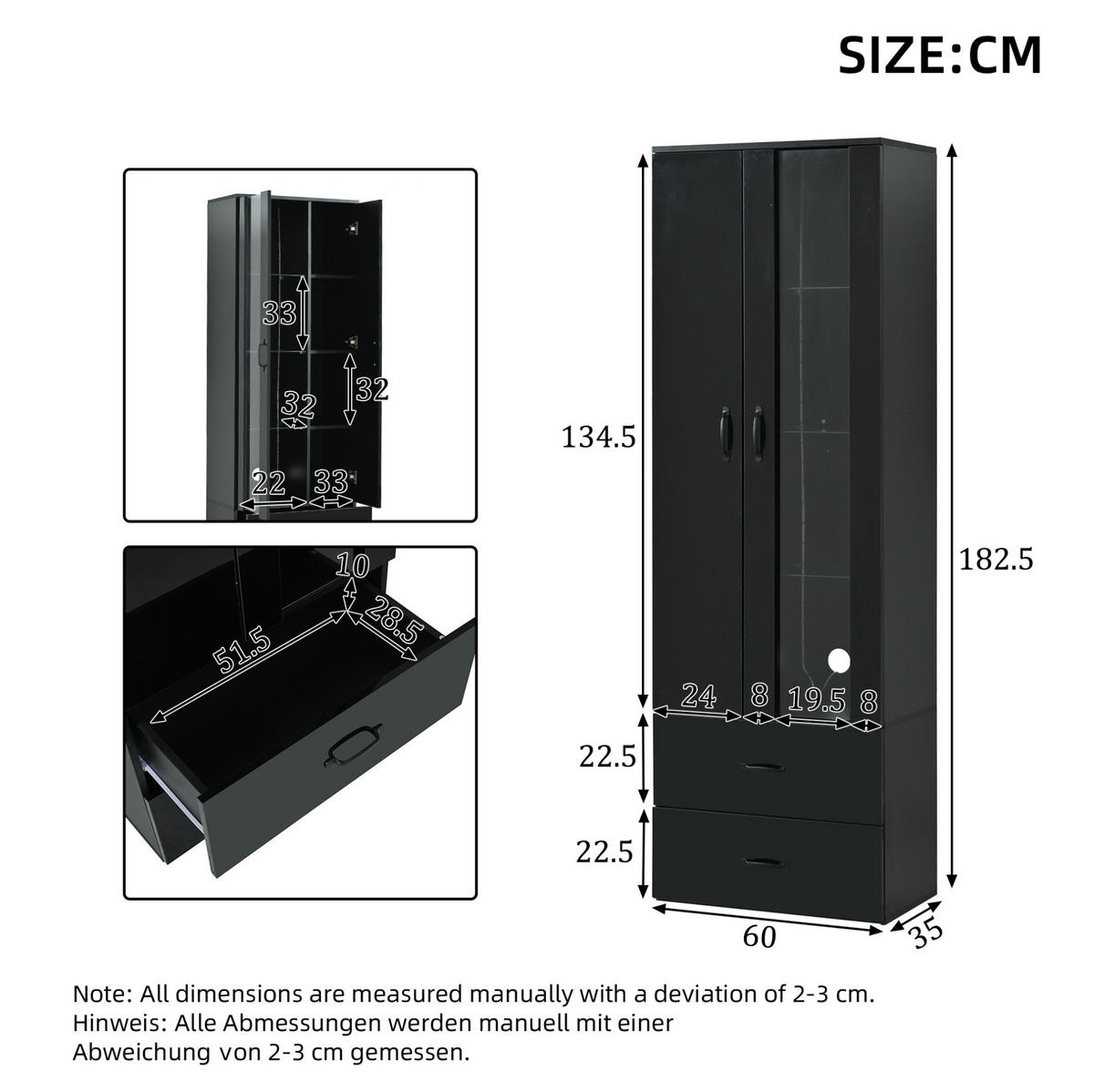 VITRINE 59,5/35/182 cm aus Holzwerkstoff mit LED-Beleuchtung und Acryltür Schwarz - Schwarz, Holzwerkstoff (60/182/35cm) - Modenvie