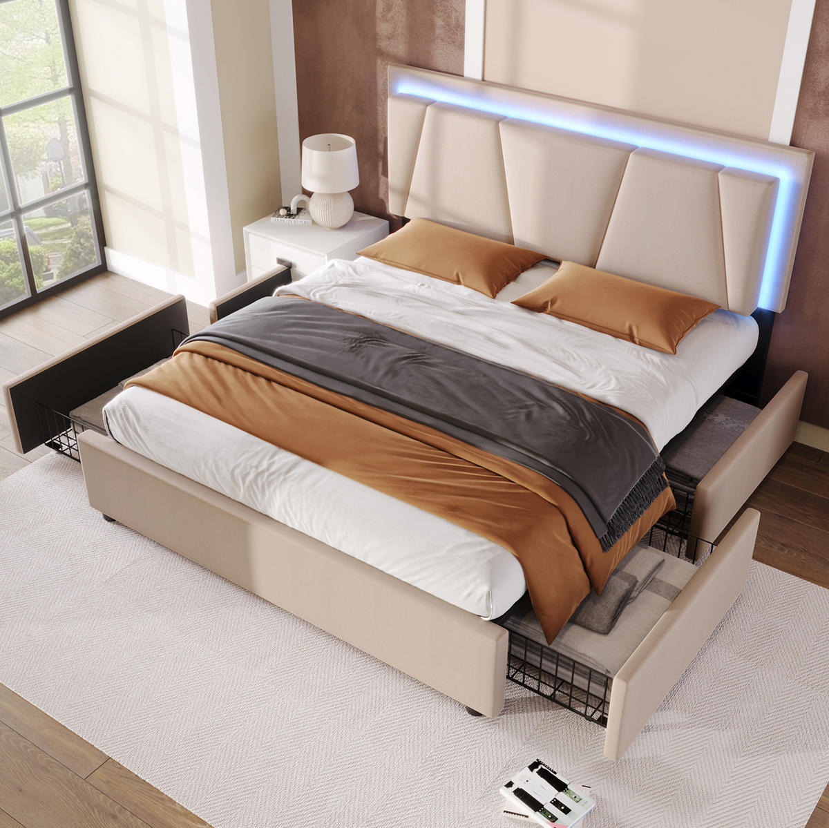 POLSTERBETT 160/200 cm mit LED-Beleuchtung, 4 Schubladen und verstellbarem Kopfteil - Beige, Holz (160/200cm) - BEAOK