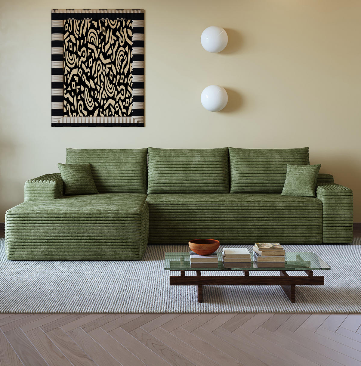 ECKSOFA 270 cm in Grün aus Cord mit tiefer Sitzfläche und modularem Design - Grün, Textil (175/270cm) - Flora Grace