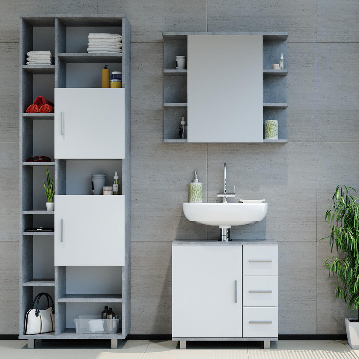 BADMÖBEL-SET Ilias Beton 3 Teile, mit Hochschrank - Weiß/Grau, Holzwerkstoff (60/60.8/33cm) - Vicco