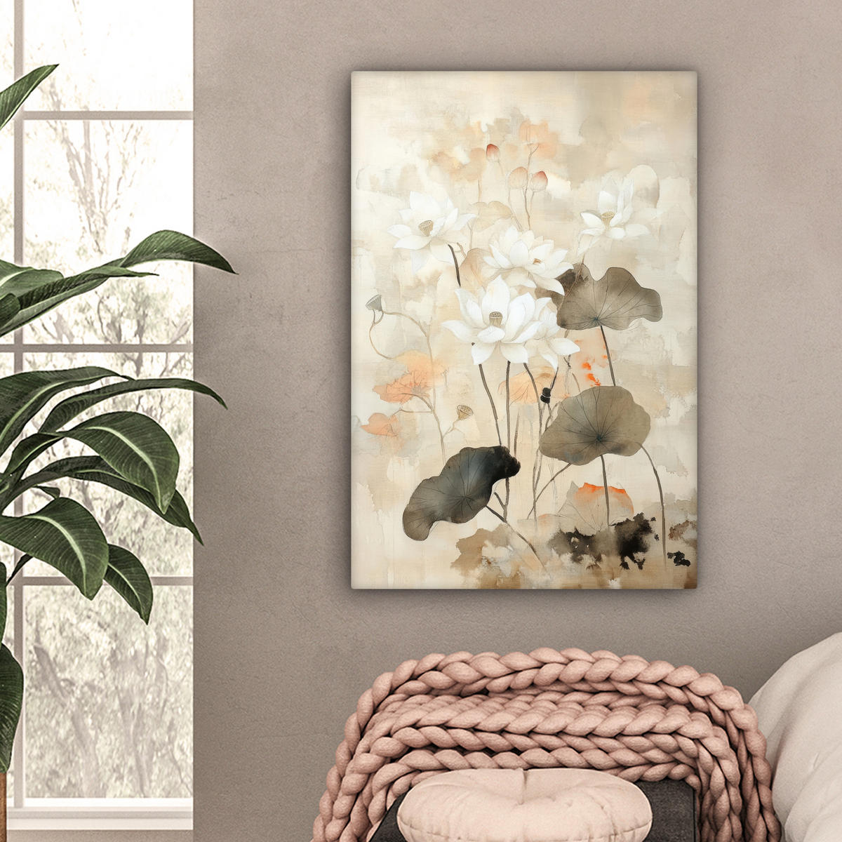 LEINWANDBILD Blumen - Japandi - Wabi sabi Wanddeko Schlafzimmer 60x90 cm - Sandfarben, Textil (60/90cm) - MuchoWow