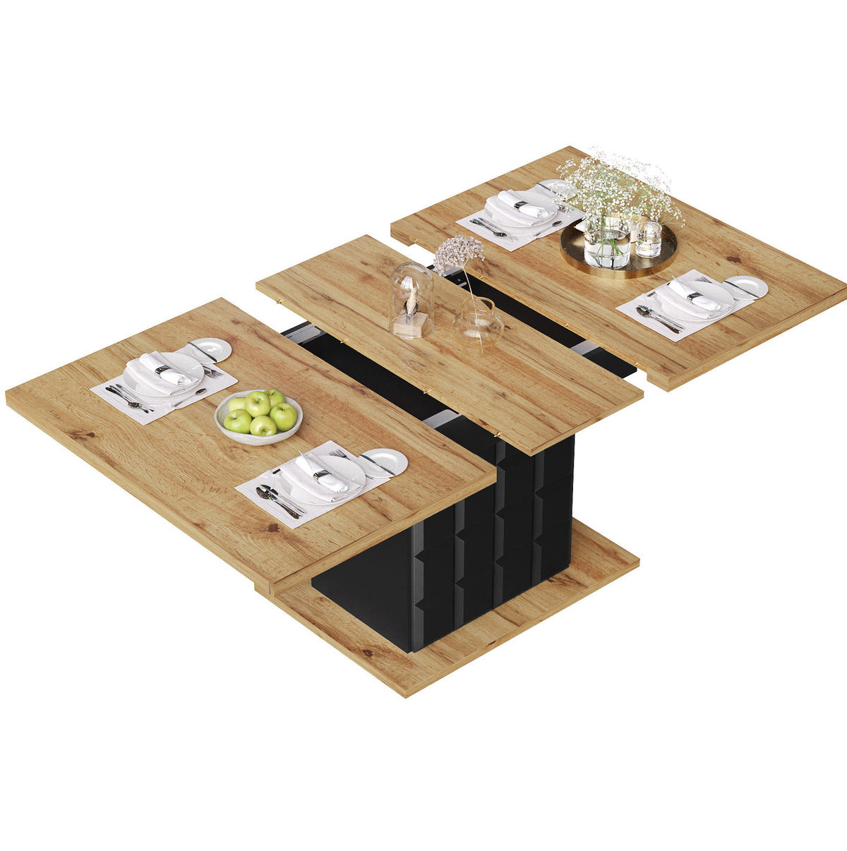 JÍDELNÍ stůl 110-140/80/75 cm černá/přírodní z MDF a kovu s rozkládáním a úložným prostorem - černá, kompozitní dřevo (110/80/75cm) - OKWISH