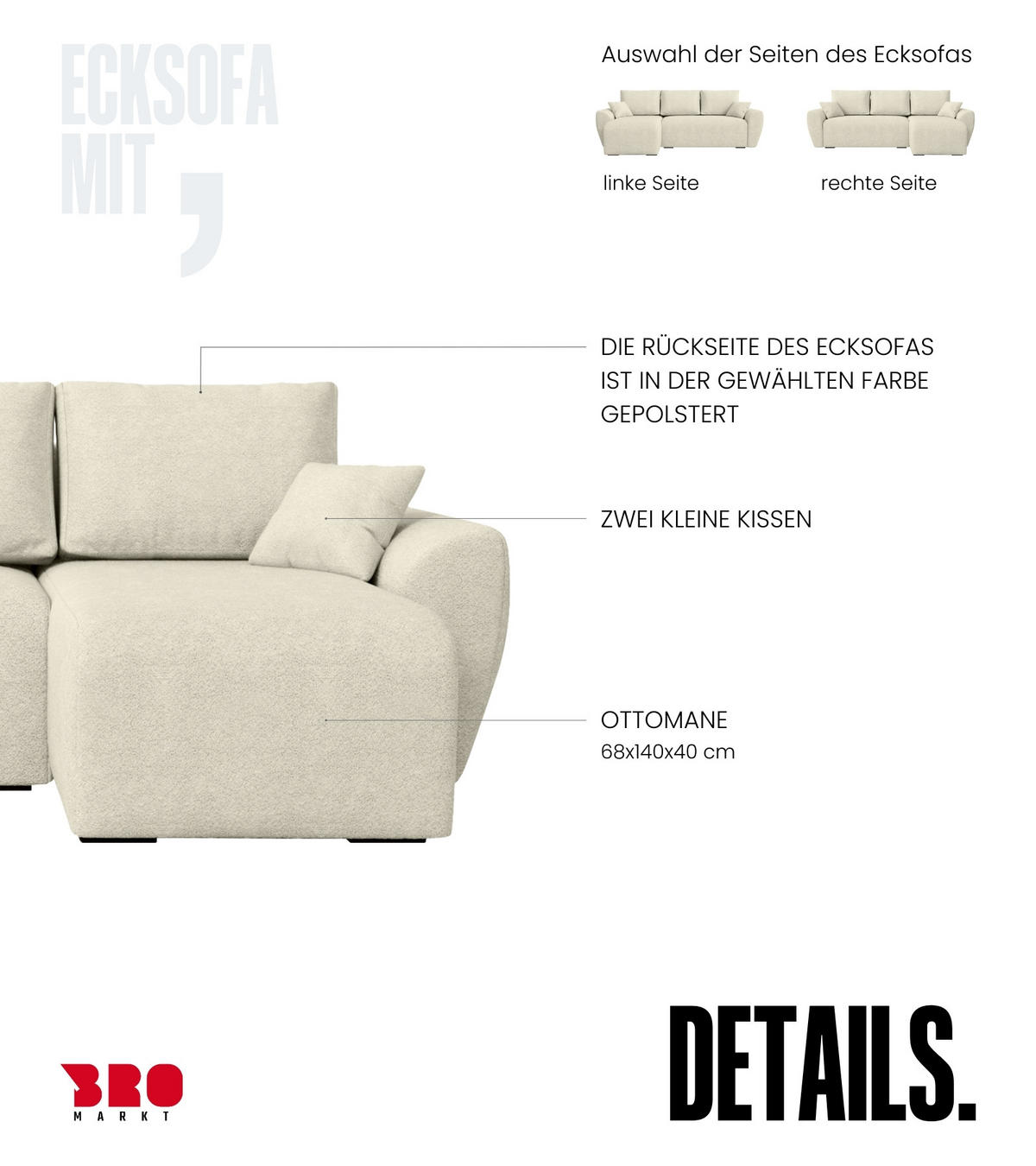 ECKSOFA Rotterdam mit Schlaffunktion Beige Bouclé - Ecru, Textil (238/141cm) - Bromarkt