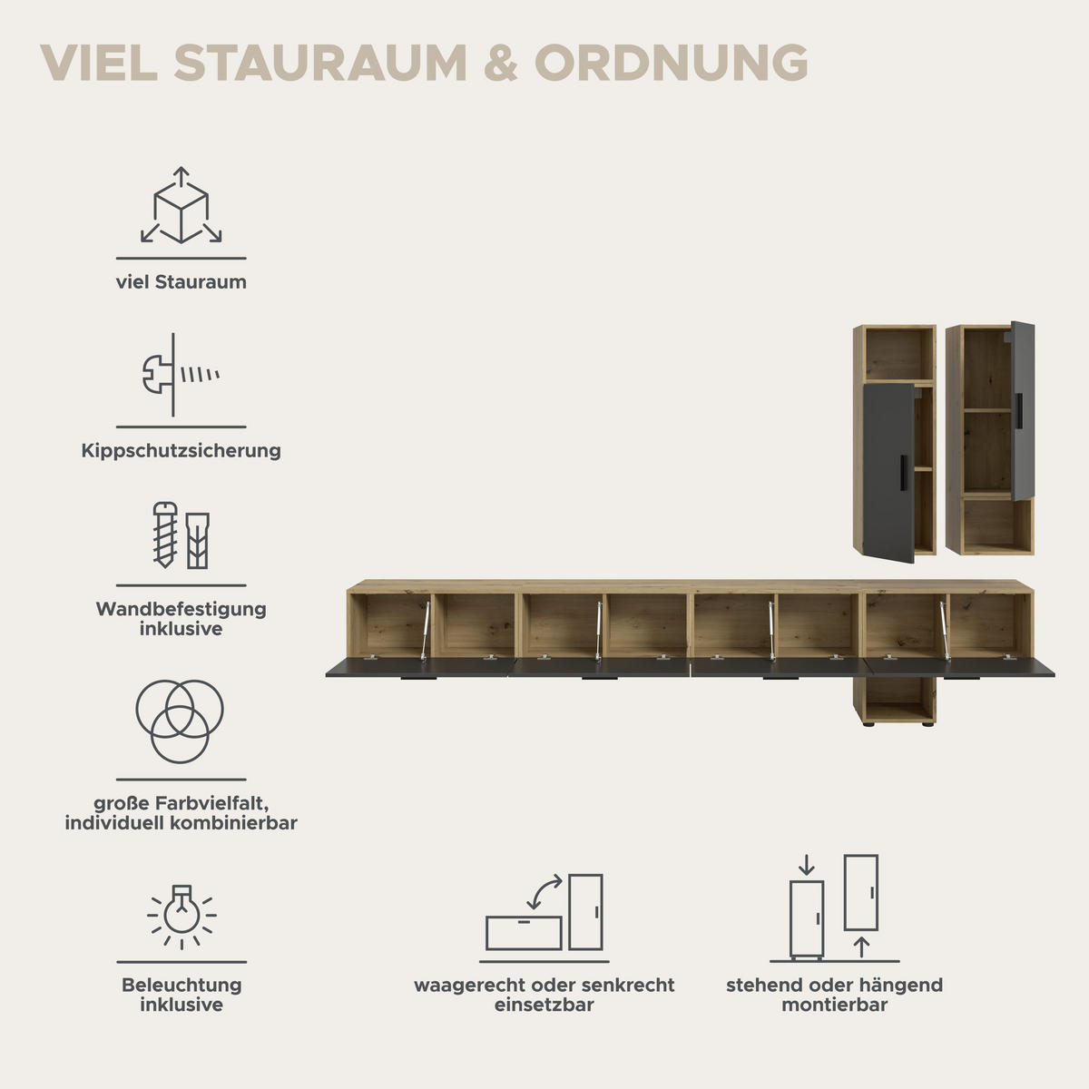 WOHNWAND INKL BELEUCHTUNG The One Basalt grau 300/34/178 cm - Braun, Holzwerkstoff (300/178/34cm) - Xonox