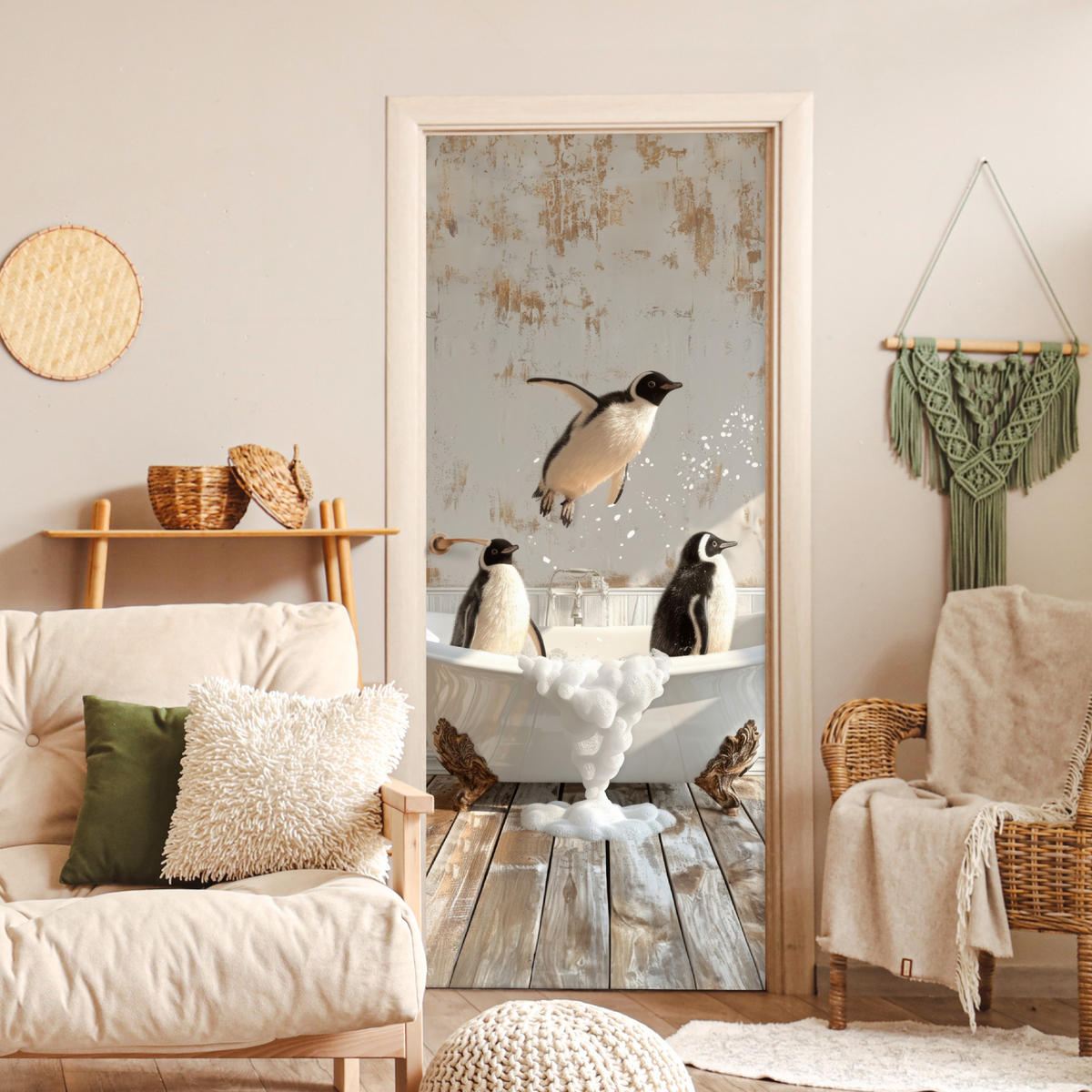 FOTOTAPETE Tür - Vintage - Pinguin - Badewanne - Schaumstoff 75x205 cm - Hellbraun, Kunststoff (75/0.1cm) - MuchoWow