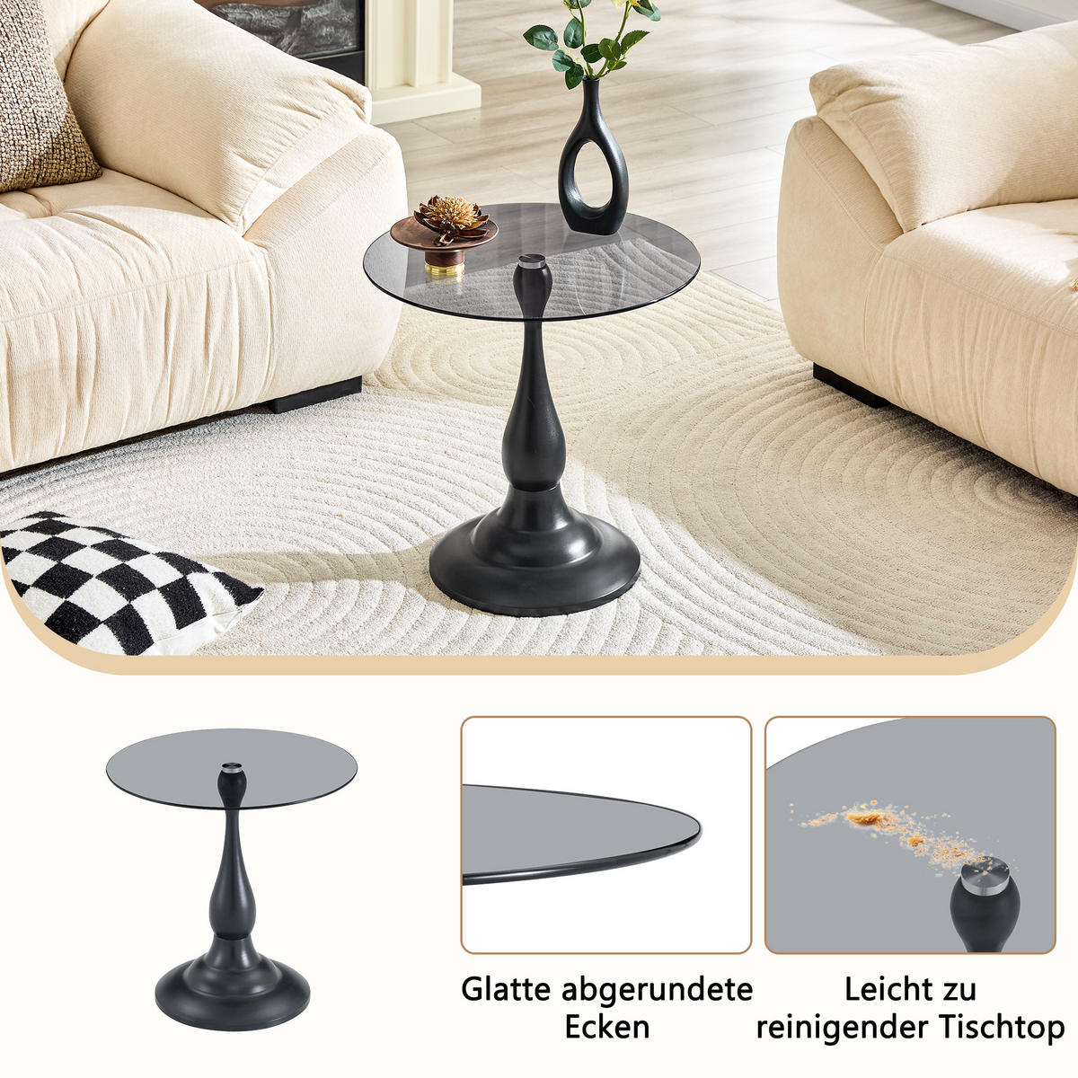 BEISTELLTISCH DE-37360 rund mit Glasplatte und geschwungenem Sockel Schwarz - Schwarz, Metall (50/50/51.5cm) - ComfortXL