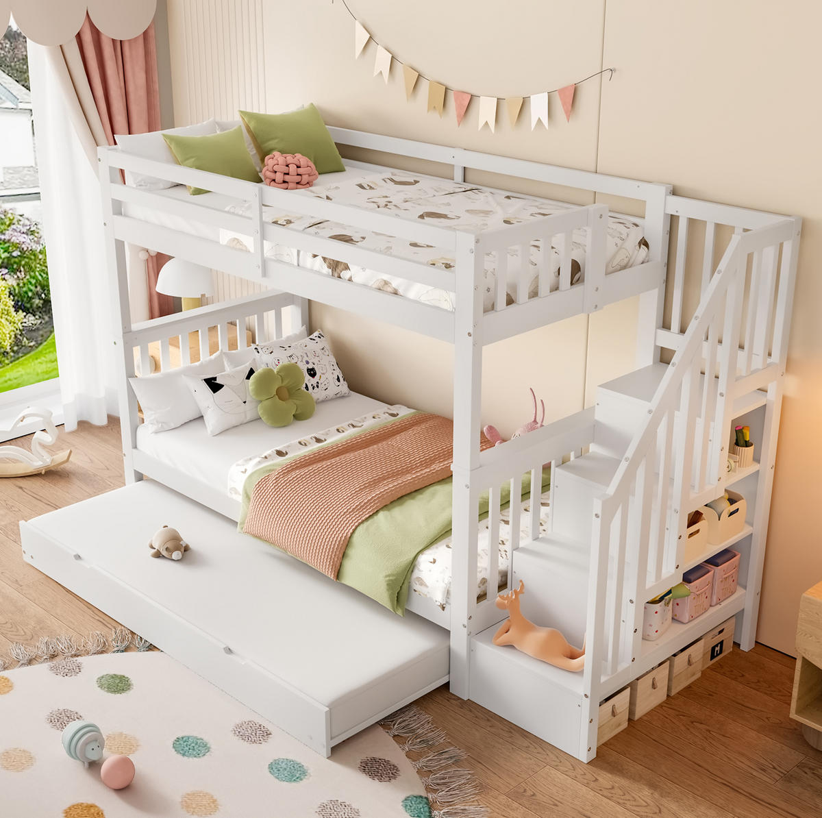 ETAGENBETT 90/200 cm aus Kiefernholz und MDF mit Ausziehbett und Treppenregal Weiß - Weiß, Holz (90/200cm) - Modenvie