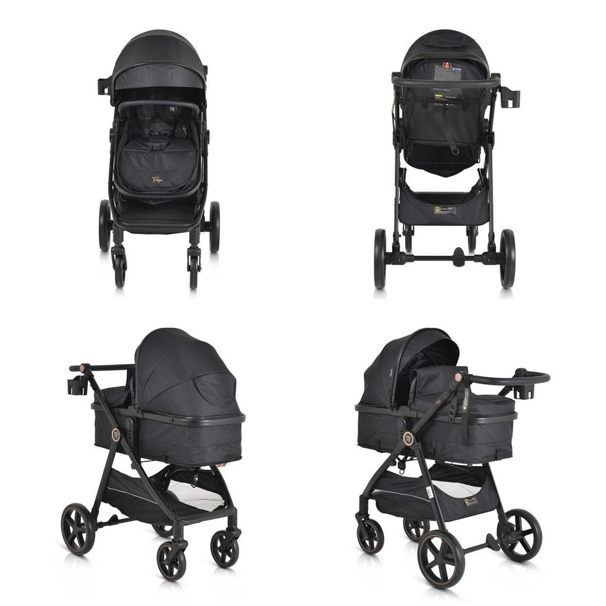 KINDERWAGEN 2 in 1 Tokyo schwarz umbaubar Wickeltasche Stoßdämpfer klappbar - Schwarz, Metall (78/58/109cm) - Moni
