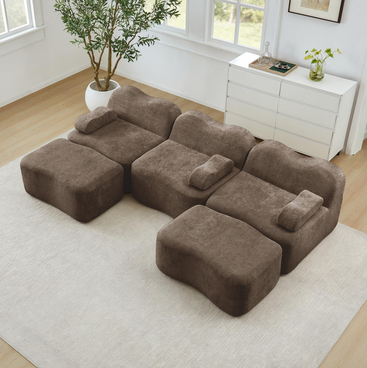SOFA modular U-Form Samt Braun mit 2 Hockern - Braun, Textil (167/70/288cm) - Meubliv