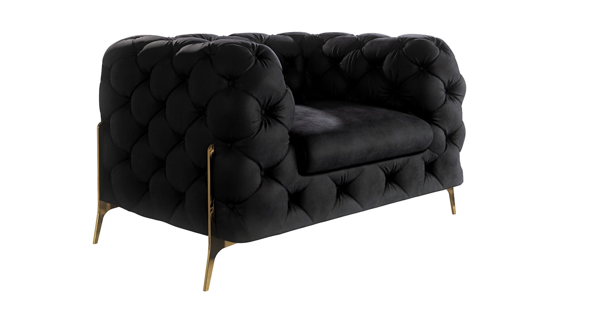 S-Style CHESTERFIELD KŘESLO Lexi z černého sametu se zlatými nohami