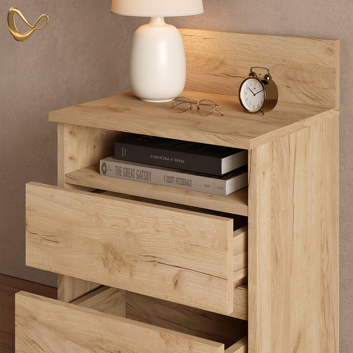 NACHTTISCH Roya, Goldkraft Eiche, 2er Set - Honigeiche, Holzwerkstoff (39.6/59.1/32.3cm) - Livinity®