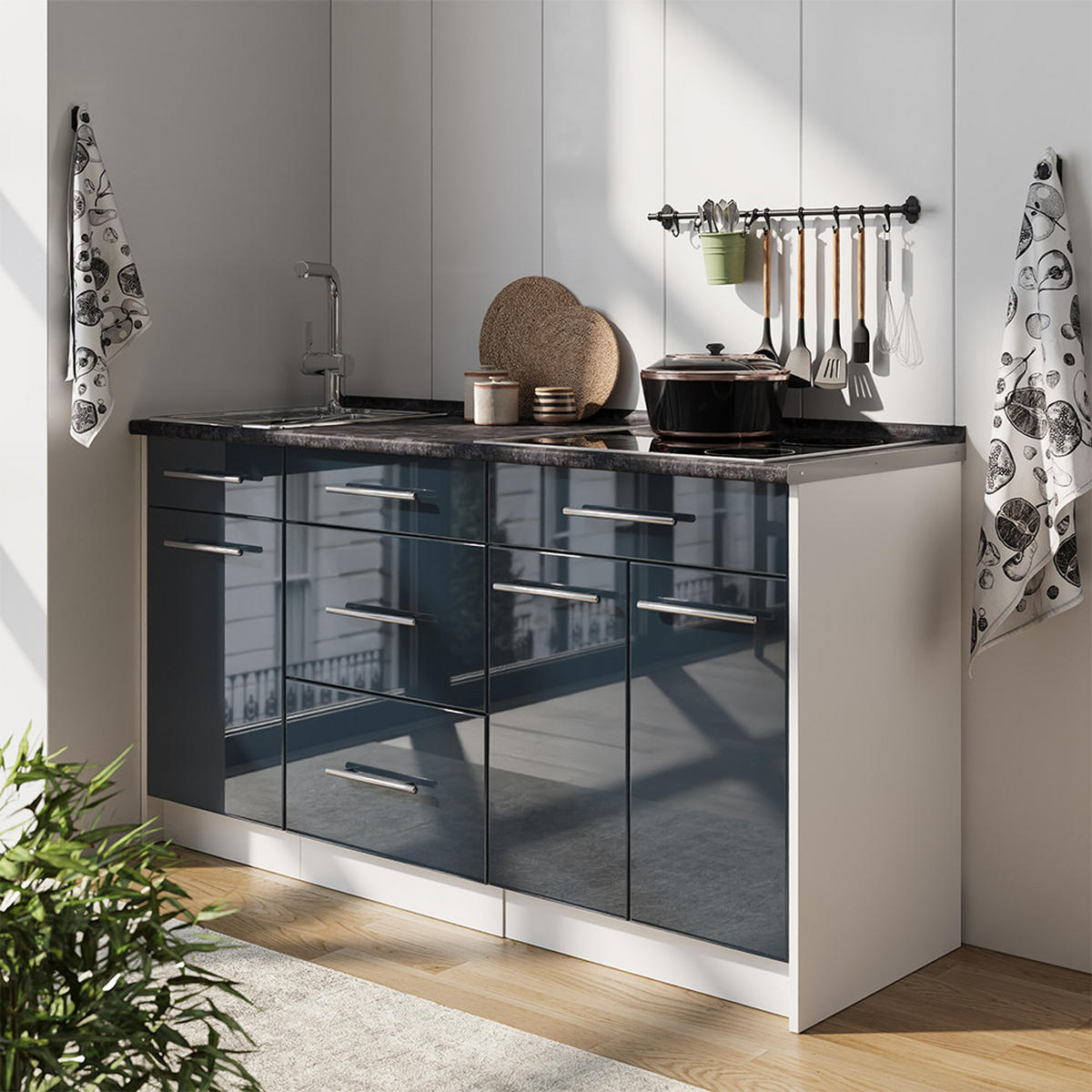 KUCHYNSKÝ BLOK Fame-Line, Tmavo modrá vysoký lesk/biely, 150 cm, AP Oak - biela/tmavomodrá, kompozitné drevo (150/82/60cm) - Vicco