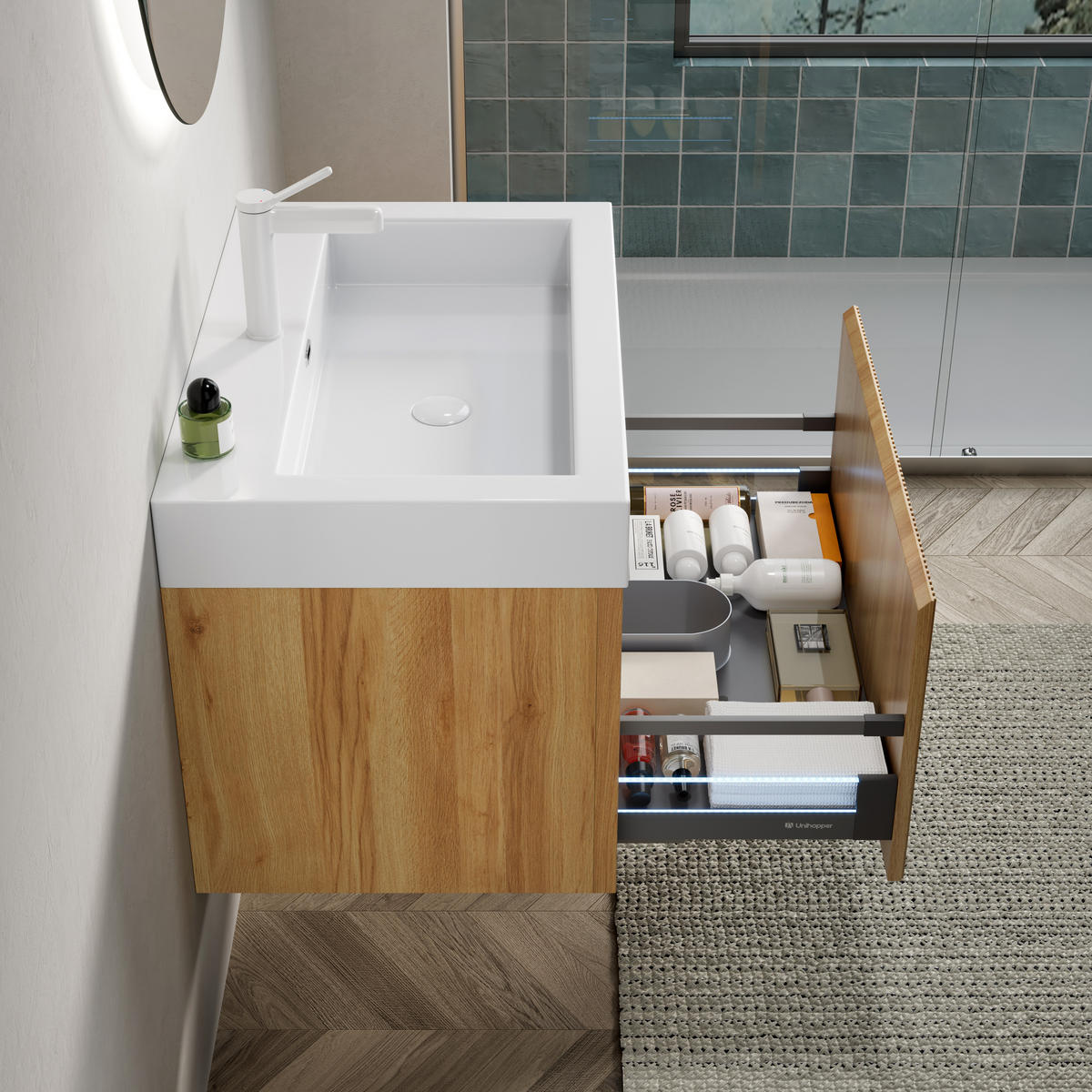 WASCHTISCHUNTERSCHRANK 70x46x50cm Naturholz/Weiß mit Resinbecken & LED-Schubladensystem - Naturfarben, Kunststoff (70/50/46cm) - Modfu