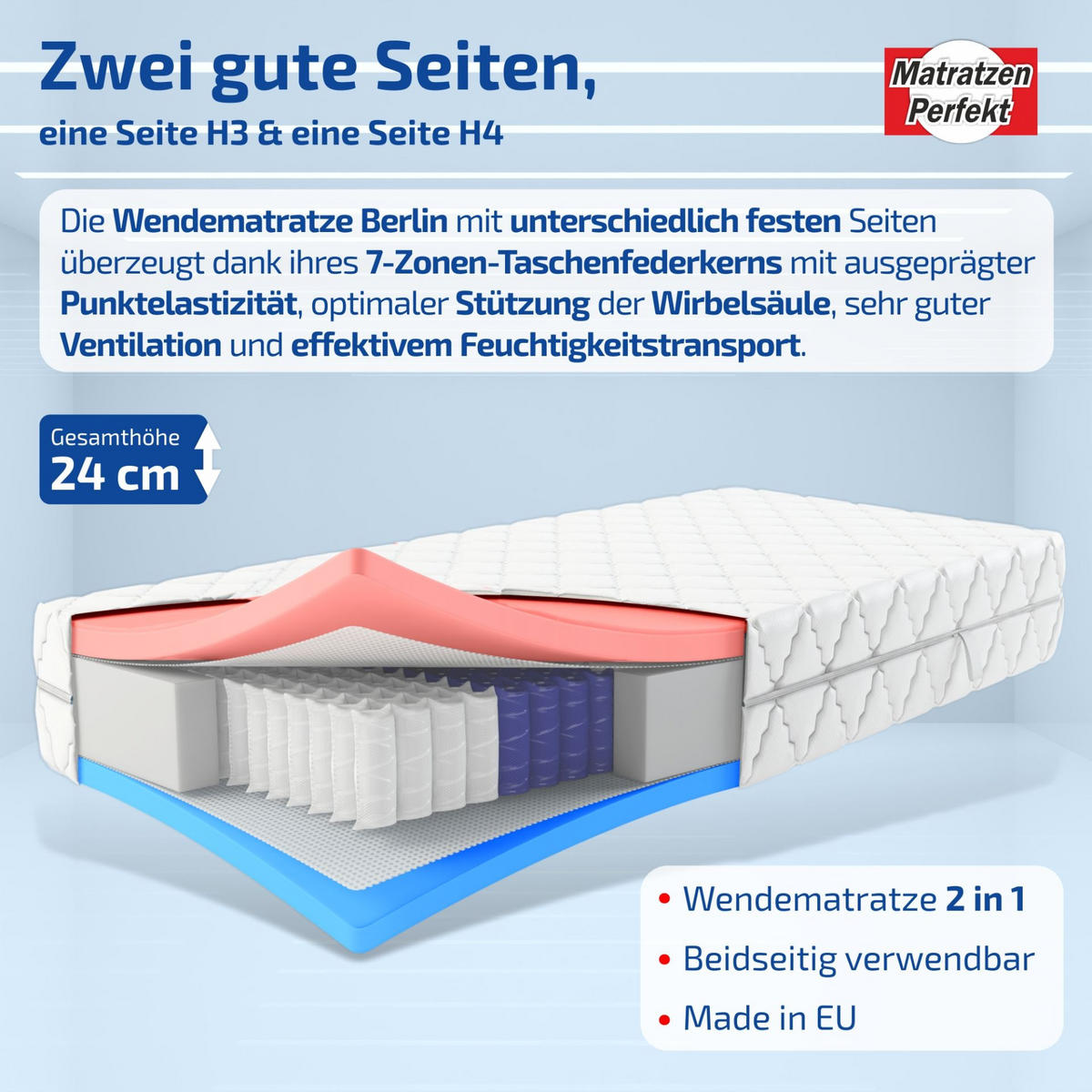 TASCHENFEDERKERNMATRATZE Berlin 100x200 cm 24 cm Hoch H3/H4 - Weiß, Textil (100/200cm)
