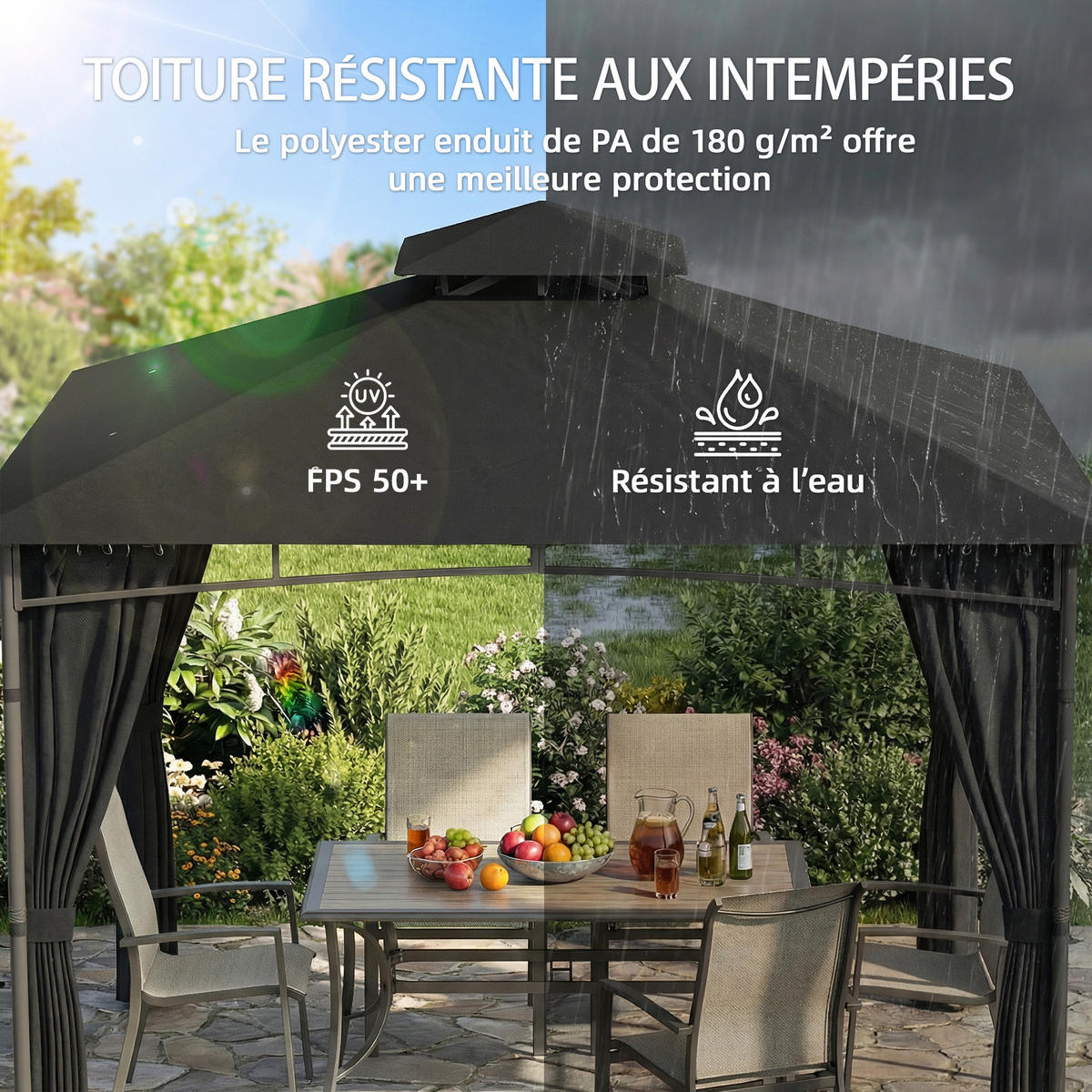 PAVILLON DE-12749 300/300 cm UV50+ wasserdicht mit Doppeldach Anthrazitgrau - Dunkelgrau, Metall (300/285/300cm) - ComfortXL