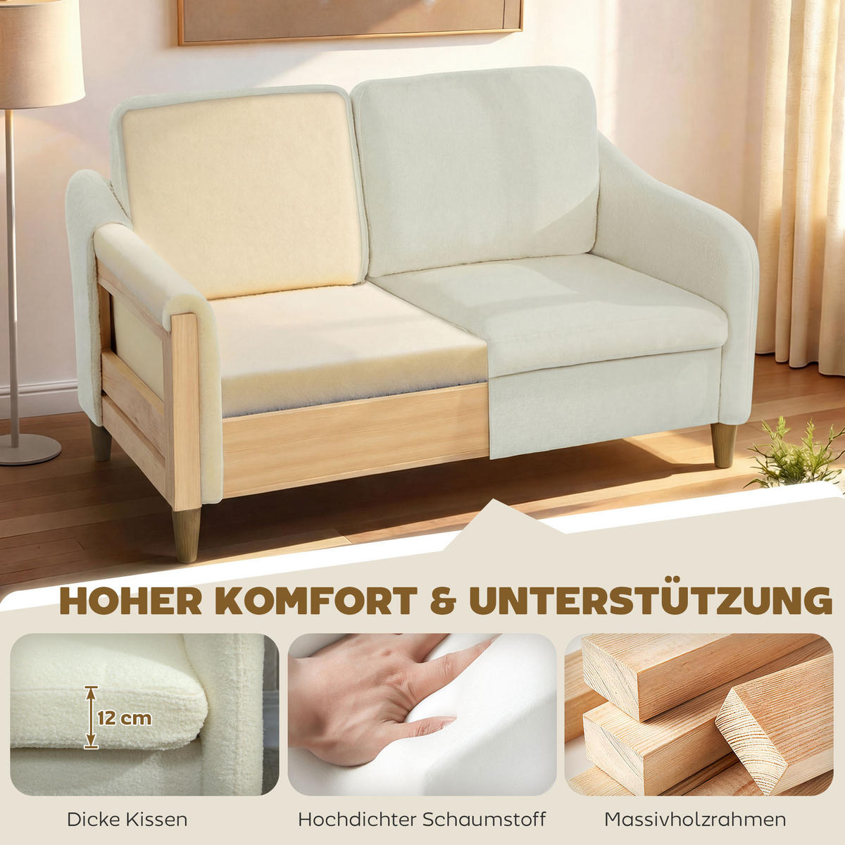 2-SITZER-SOFA DE-06558 kleine Couch mit Sherpa-Fleece-Optik, 137 cm Cremeweiß - Creme, Holz/Textil (137/82/69cm) - ComfortXL