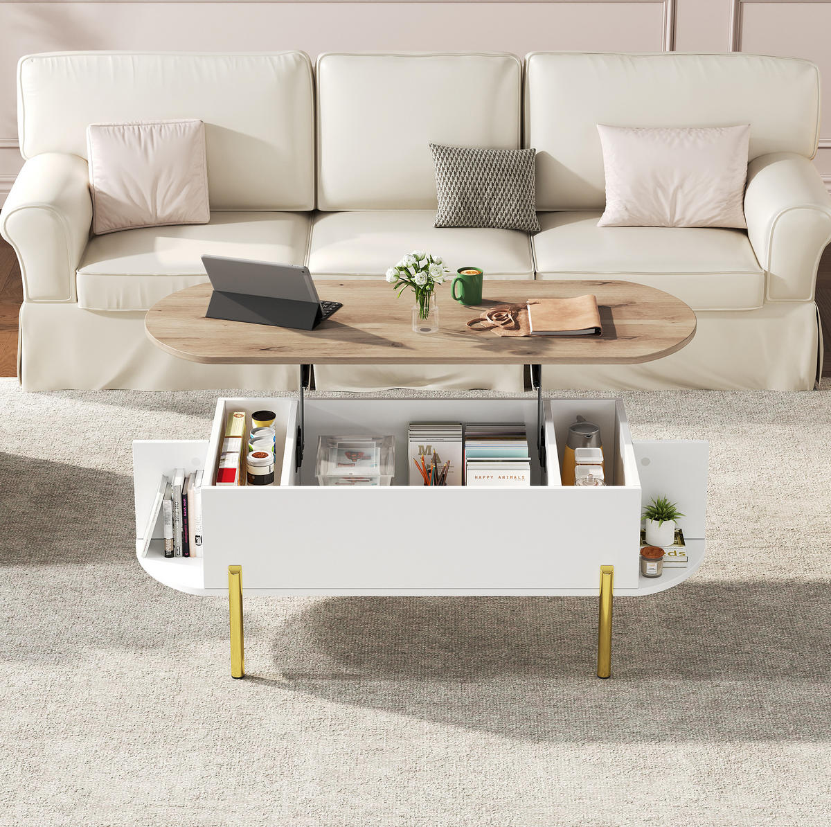 COUCHTISCH aus MDF 120x50x43 cm in Weiß mit höhenverstellbarer Platte - Weiß, Holzwerkstoff (120/50/43cm) - Modfu