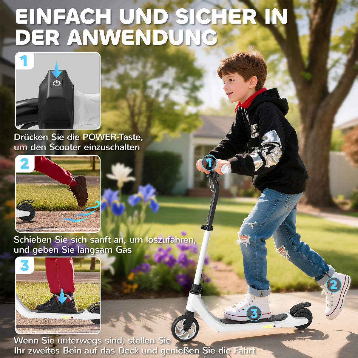 E-SCOOTER, Aluminium， Schwarz/Weiß, 76L x 53B x 90/95Hcm - Schwarz, Metall (95cm) - HOMCOM