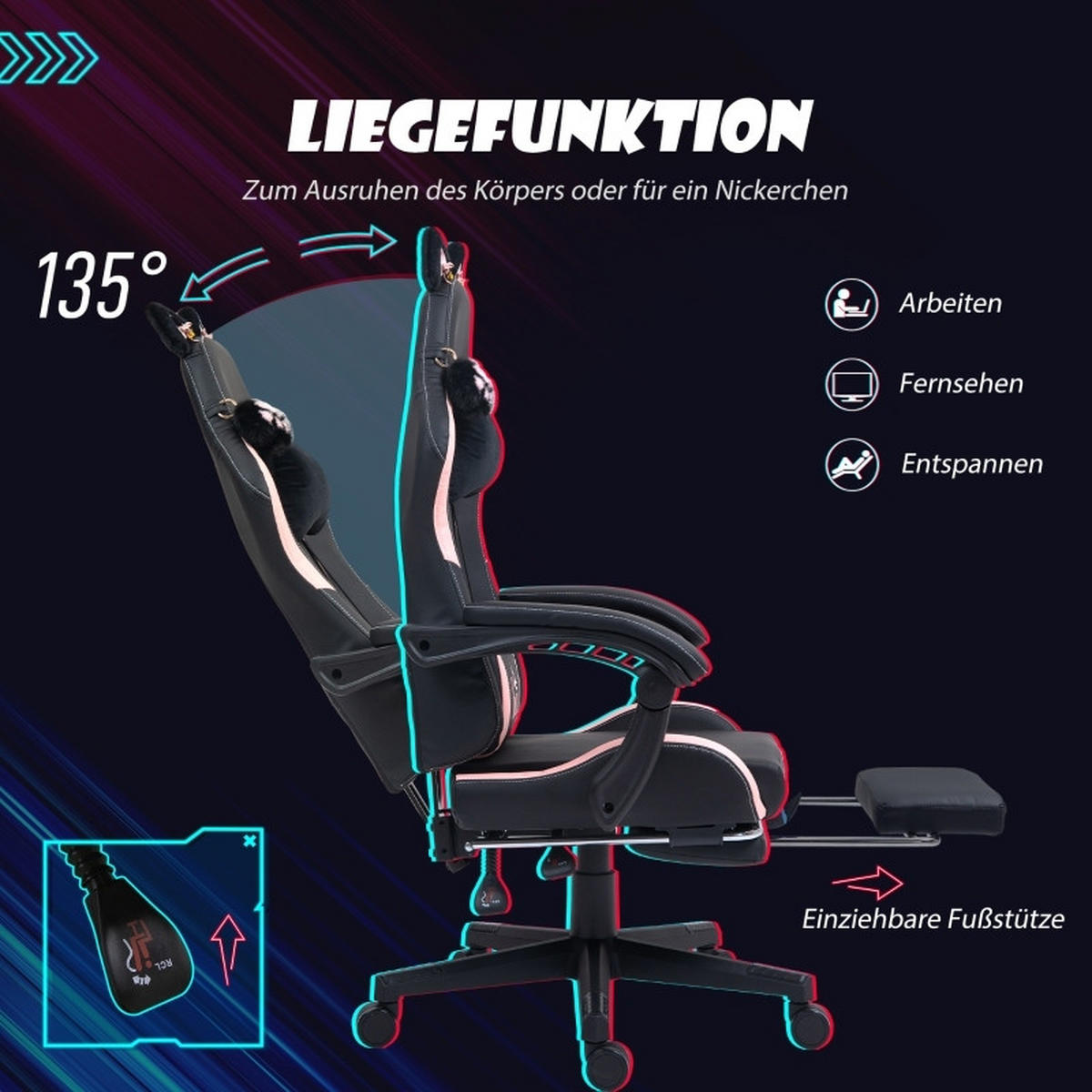 GAMING Stuhl mit Katzenohren, Lendenwirbelstütze, Fußstütze, Kopfkissen, höhenverstellbar, Liegefunktion Schwarz-Rosa - Schwarz, Leder (62/116/65cm) - BRILVERDE