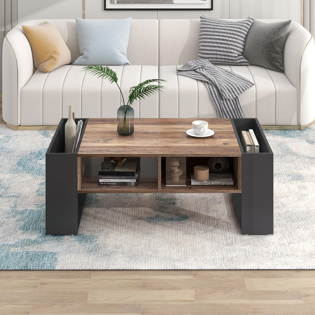 COUCHTISCH Holz Schwarzgrau mit doppelseitigen Ablagefächern - Cognac, Metall (106/57/40cm)