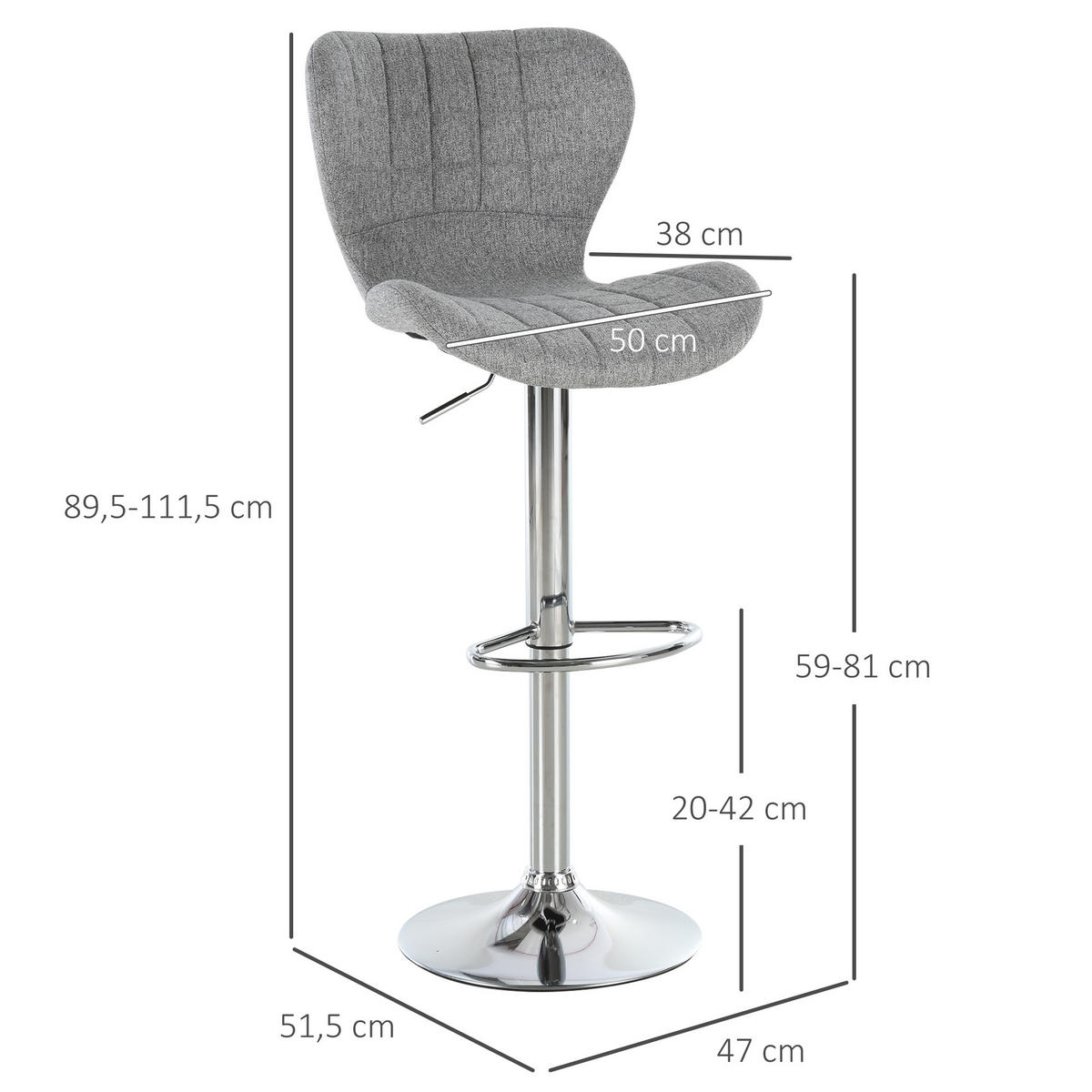 BARHOCKER 2er-Set DE-14687 höhenverstellbar & 360° schwenkbar Grau - Grau, Metall (51.5/111.5/47cm) - ComfortXL